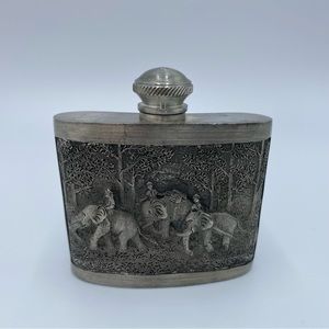 Vintage Tin 97% Siam Lotus Pewter Thailand Carved Tin Elephant Jungle Flask